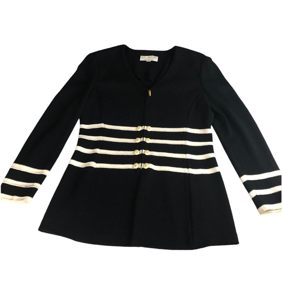 Women's St. John Collection By Marie Gray Black/White Striped Wool+ Sweater. 8 - Picture 1 of 16